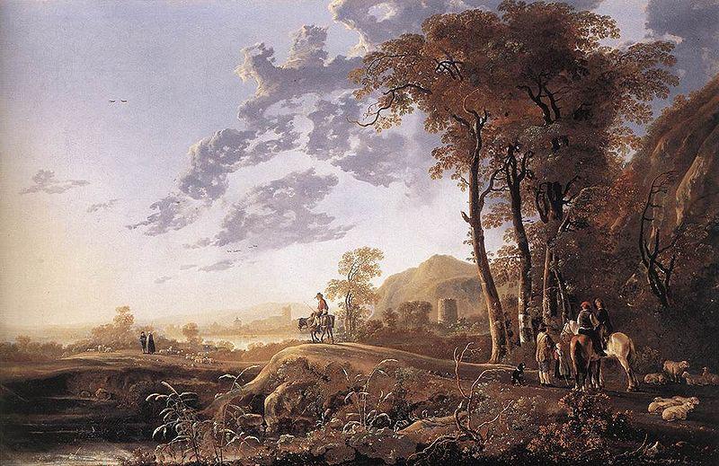 Aelbert Cuyp Evening Landscape with Horsemen and Shepherds